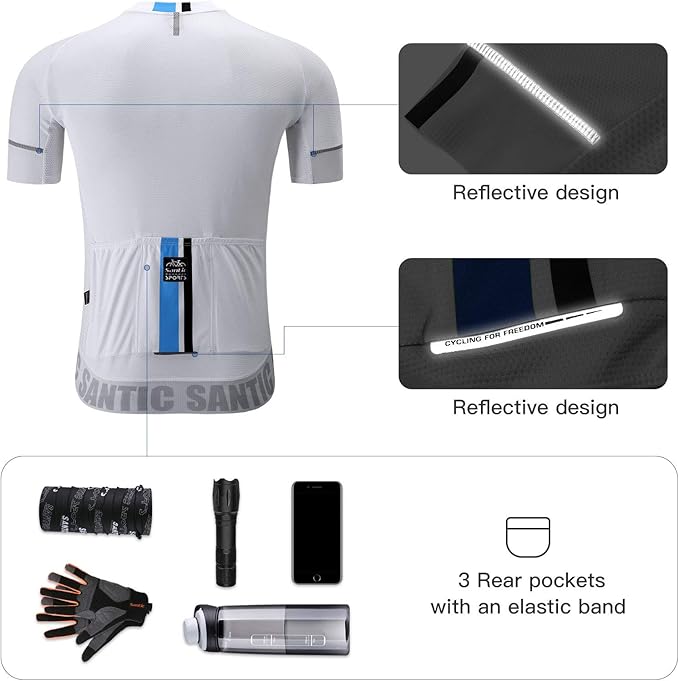 Santic Men's Cycling Jersey Short Sleeve Tops Pro Road Bike Shirt Full Zipper UPF 50+ MTB Jersey with Pockets