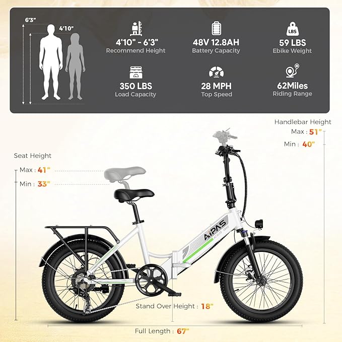 Aipas A2 Folding Electric Bike, 20'' Fat Tire Electric Bike with 750W Peak Motor, 48V 12.8Ah Removable Battery, 28MPH Max Speed, 62 Mile Range, Step-Through Frame and 7-Speed with 2 Baskets