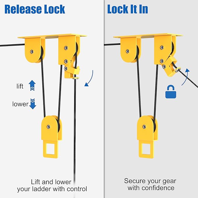Ladder Storage Pulley Hoist, Self Locking Function Ladder Hanger, Garage Ceiling Mount Lift System for Lightweight Kayak, Ladder, Bike, Surfboard, Hold 80 lbs