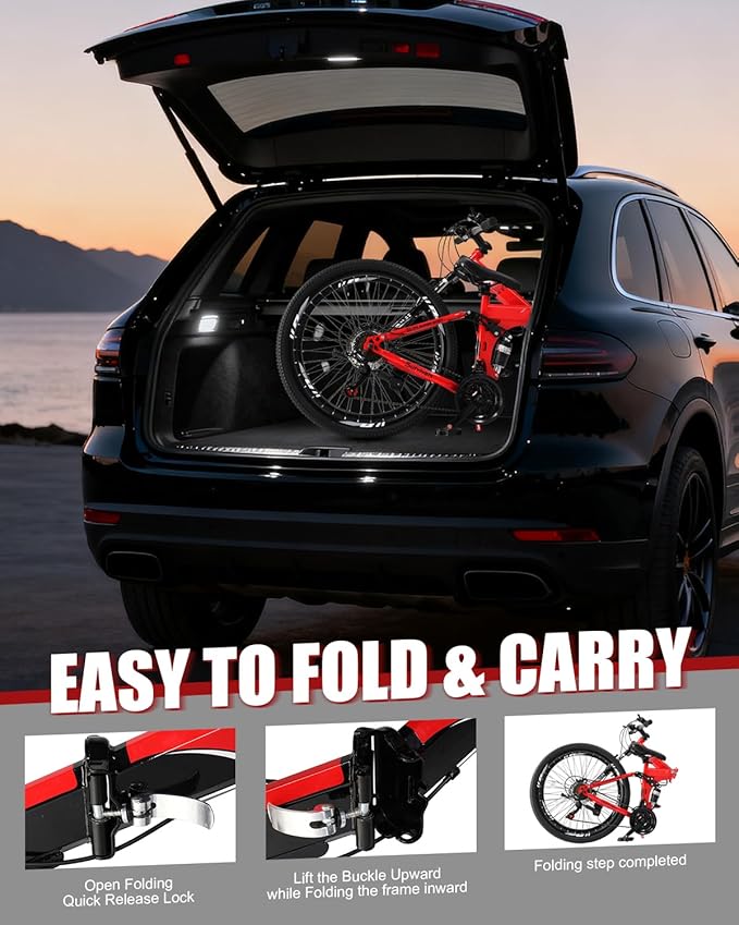 26/27.5 Inch Foldable Bike Folding Bike with 21 Speed, One Touch Folding, Dual Disc Type Brakes, Adjustable Seat, Full Suspension, Folding Bicycle for Men/Women/Senior