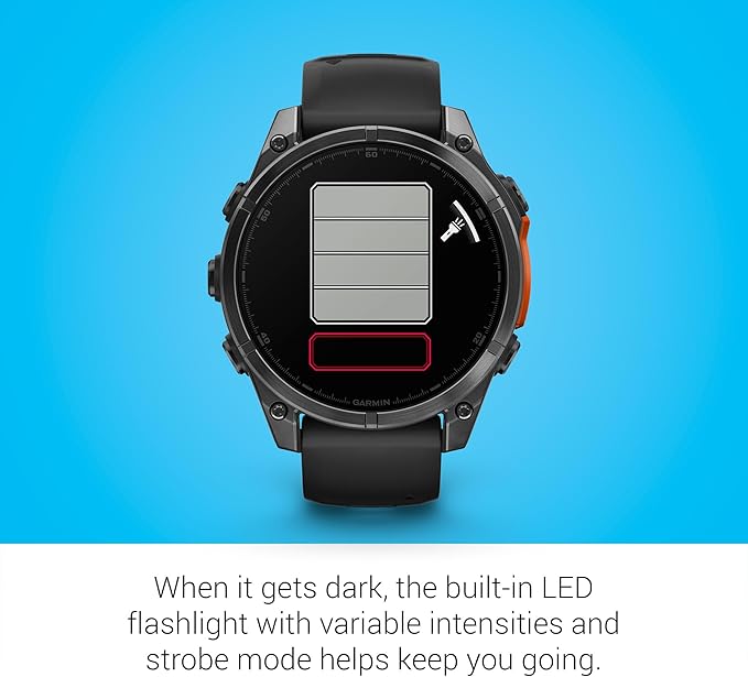 Garmin Fenix 8 Premium Multisport GPS Running Smartwatch, 47 mm, AMOLED, Dive-Rated, Built-in Flashlight, Slate Gray with Black Band with Signature Series Charging Stand