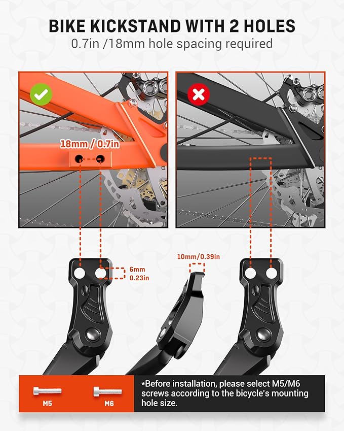 HENMI Bike Kickstand for 24-29 Inch Bicycle, 0.7 inch (18mm) 2 Holes, Non-Slip Base Adult Bicycle Kickstand for Mountain Bike,