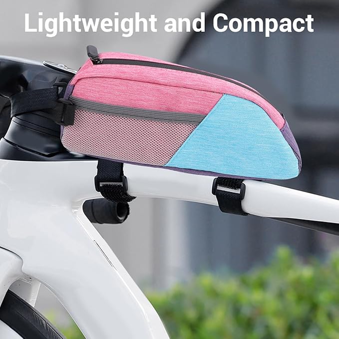 Fockety Top Tube Bike Bag, Color Blocking 0.8L Bike Frame Bag Bike Frame Storage Bag Bike Accessories Pouch for Mountain Road Bikes (Blue Pink Purple)