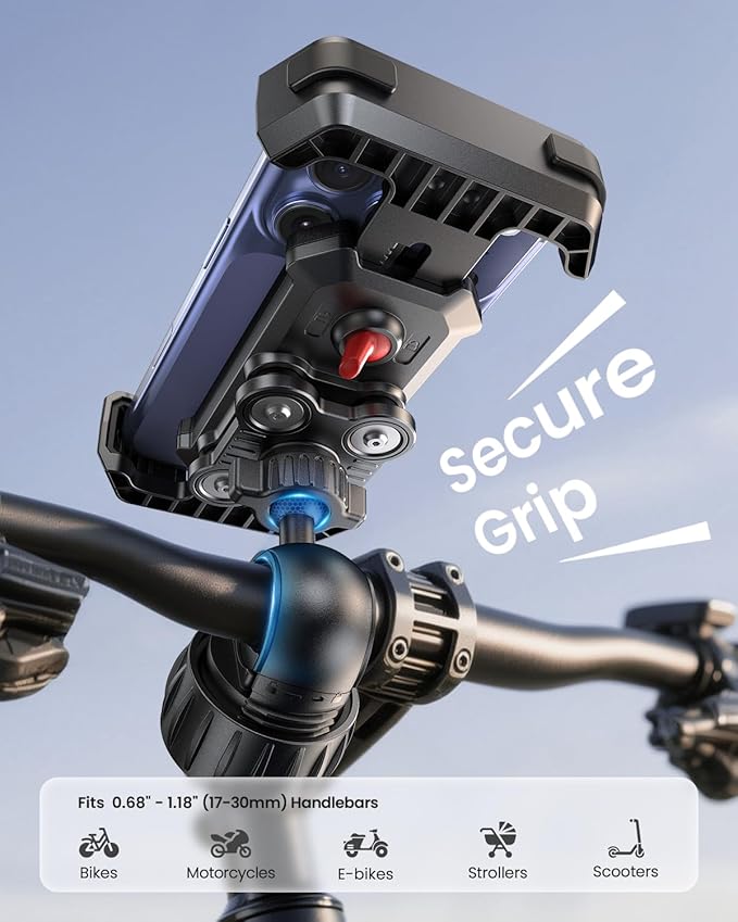 Anti-Shake Motorcycle Phone Mount - 2026 Dual Vibration Dampener, Universal Bike Phone Holder for iPhone 17/16/15/14/13 Series & Android 4.7-7”, Handlebar Mount for Bicycle/Motorbike/Scooter