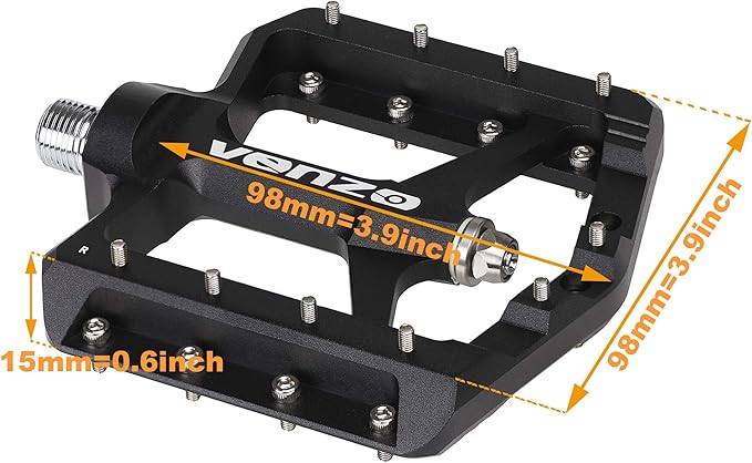 VENZO Flat Mountain BMX MTB CNC Bike Sealed Oversized Bearing Pedals - Large Bicycle Platform -98mm x 98mm- 15mm Thickness - Pedals 9/16" with Anti-Skid Anti-Slip Nail - Downhill