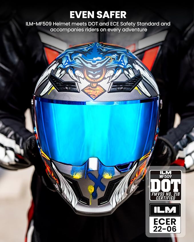 ILM Motorcycle Helmets for Adult Men Women Full Face DOT ECE Powersports Dual Visor Street Racing Helmet with Pinlock Cascos para Motos Model MF509 (Ronin Blue, 2XL)