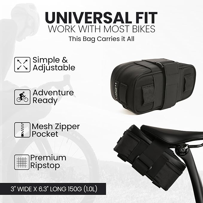 ALMSTHRE Signature XL Bike Saddle Bag - Midnight Black | 1.0L Bike Seat Bag (6.5" x 3" x 3") | Water-Resistant Ripstop, Waterproof Zipper, Internal Phone Sleeve | Under Seat Storage
