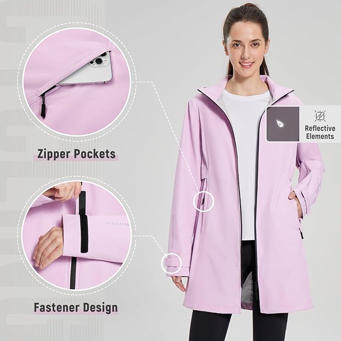 baleaf Women's Long Rain Coat Packable Waterproof Windbreaker Lightweight Cycling Jacket with Hood