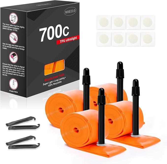 4-Pack WHEELO TPU 700C×18-32C Bike Inner Tube, Ultralight (ALLRoad & Gravel) Bike Tube with 45mm/65mm/85mm Presta Valves for Road Bike (Include Bike Tube Patch Repair Kit)