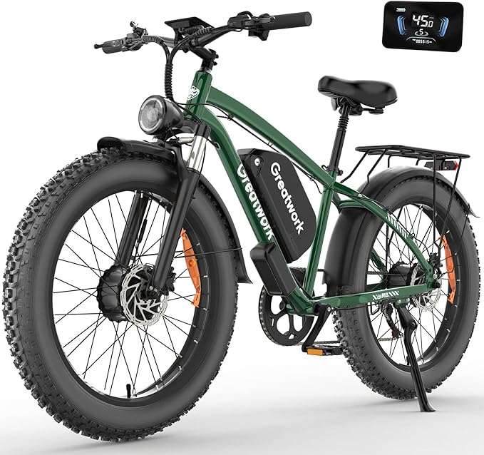 GREATWORK 52V 5000W Peak Dual Motor Electric Bike for Adults, 1300Wh Battery, Up to 45MPH & 100 Miles Range, 26" x 4.0 Fat Tire Electric Dirt Bike with Suspension, Mountain E-Bike for Men Women