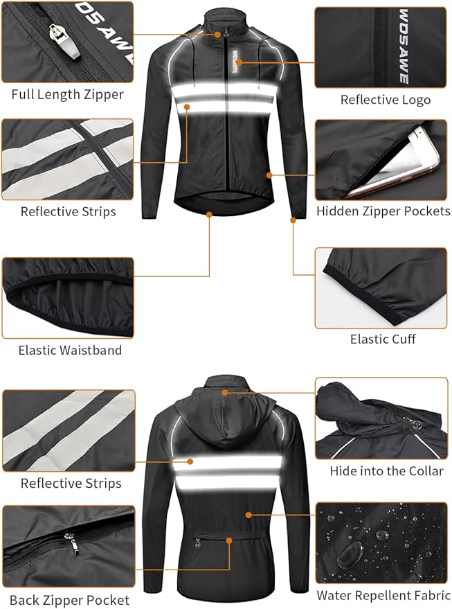 WOSAWE Packable Cycling Jacket Hooded Running Coat Lightweight Biking Windbreaker