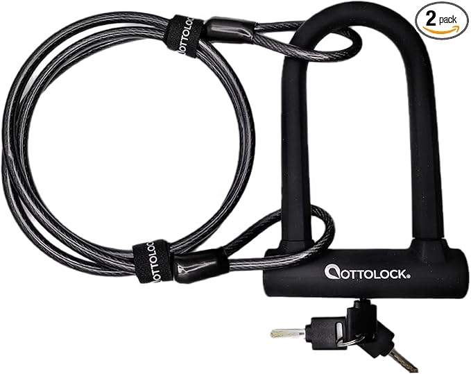 OTTOLOCK Sidekick Compact U-Lock and Cable Bundle - Heavy Duty Anti Theft Bicycle U-Lock with Keys, Silicone-Coated, Bike Accessories, Black