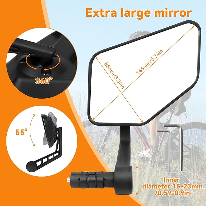 Bike Mirror, Bar End Bicycle Mirror, HD Glass Scratch Resistant and Fall Resistant E-bike Rear View Mirrors, Safe Cycle Mirror for Handlebar for E-bike, City Bikes (Right 0.59-0.9")