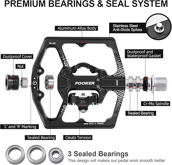 FOOKER MTB Mountain Bike Pedals, Dual Function Flat and Pedal,3 Sealed Bearing Flat Platform Compatible with Clipless Pedal Aluminum 9/16" Pedals with Cleats for Road Mountain BMX MTB