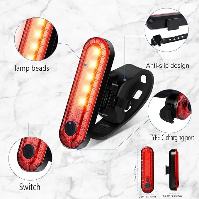 Bike Tail Light, Bicycle Rear Lights USB-C Rechargeable LED Cycling Safety Flashlight with 4 Light Mode for Road Mountain Night Riding & Adults Men Women
