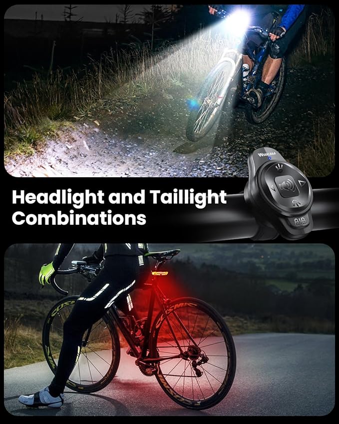WSDCAM Smart Bike Light Set with Remote Control, Bike Tail Light with Turn Signals and Brake Light Bike Alarm Horn, Bike Headlight for Night Riding, Rechargeable Bicycle Lights Front and Rear
