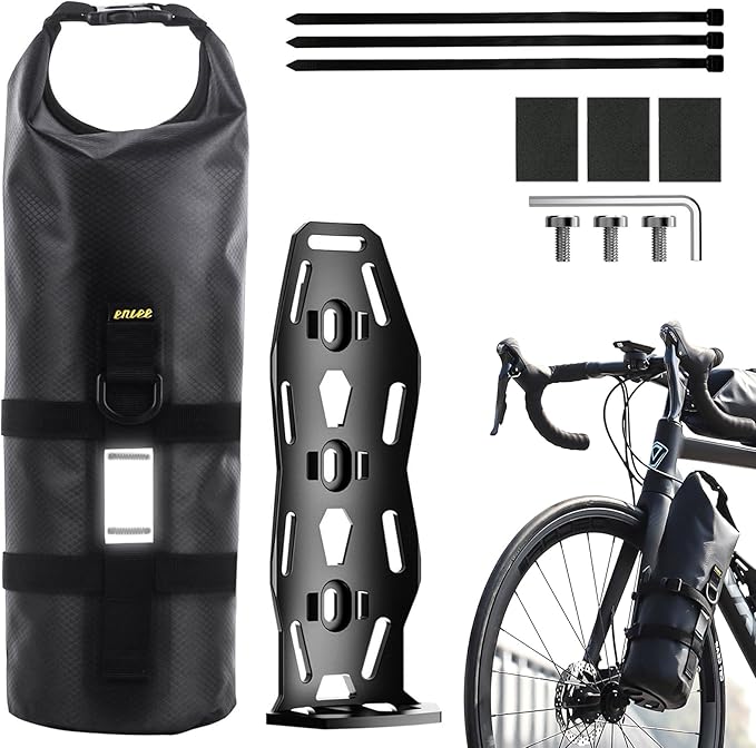 ENLEE 1pack Front Bike Fork Bag with Multipurpose Cage, 5L Waterproof Dry Bike Bags for Bicycles, Lightweight Portable Roll Top Design Bike Packing Fork Bags for Thin Frame Road Gravel Folding Bikes