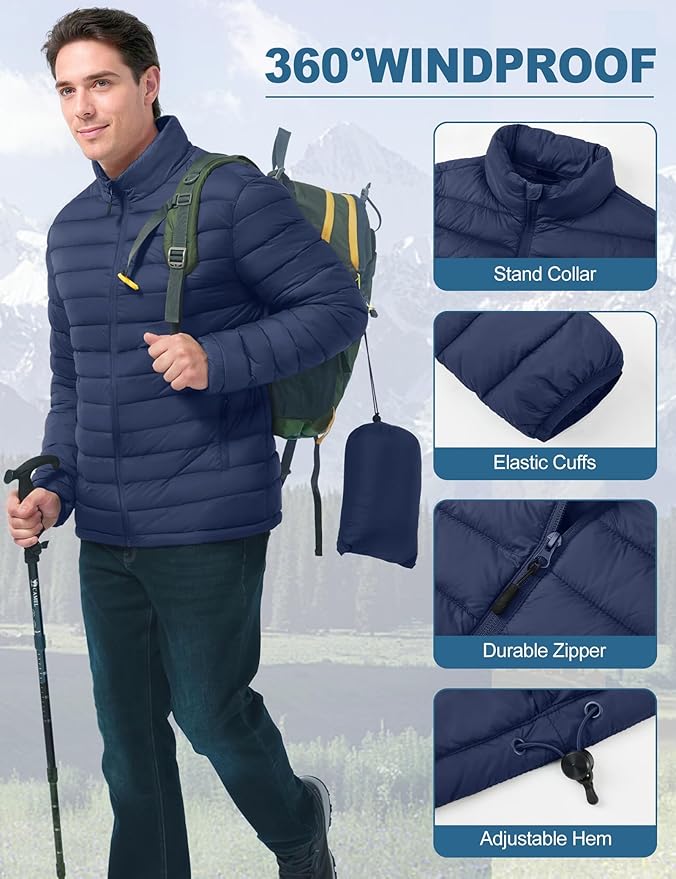 Men's Lightweight Packable Puffer Jacket Insulated Warm Winter Jackets Puffy Coat for Ski Hiking Travel