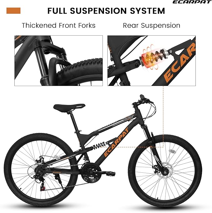 Ecarpat 24/26/27.5 Inch Mountain Bike, Full/Front Suspension Mens Boys Mountain Bike with 21 Speed Steel Frame and Dual Disc Brakes, Adult Sport Bicycle for Trail City Road, Gift Choice