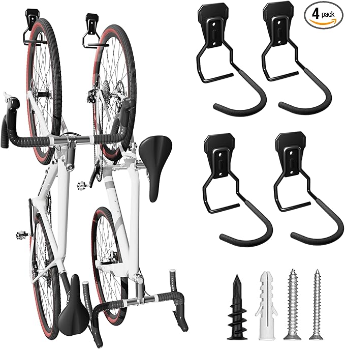 Wall Mount Bike Hooks Bike Hooks for Garage Vertical Bike Hanger for Indoor Use Heavy Duty with 8mm Thick Steel Frame 4PCS Storage System Black