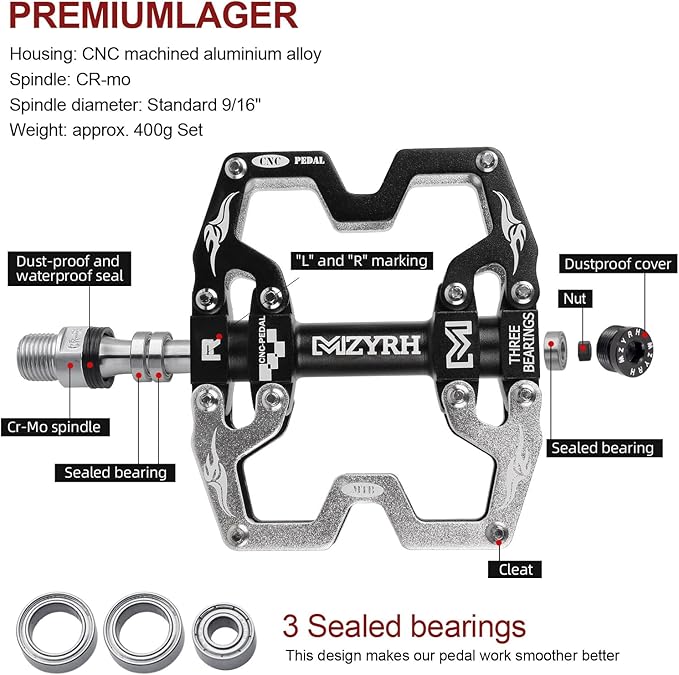 MZYRH Mountain Bike Pedals,3 Bearings Bicycle Pedals,Aluminum 9/16" MTB Pedals Bicycle Flat Pedals for Road Mountain BMX MTB Bike