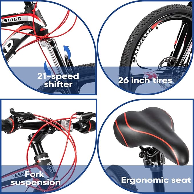 Betterland 26 Inch Mountain Bike, 7-Speed Adult Bike with Dual V Brakes, Outdoor Cycling Bike with High Carbon Steel Frame and Front Suspension, Adjustable Ergonomic Seat for Bicycle
