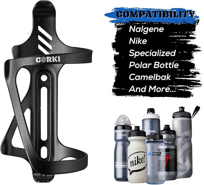 Corki Cycles Left Side Load Water Bottle Cage, Side Entry Bike Water Bottle Holder for Road & Mountain Bikes 2Pack-Black-Aluminum Alloy