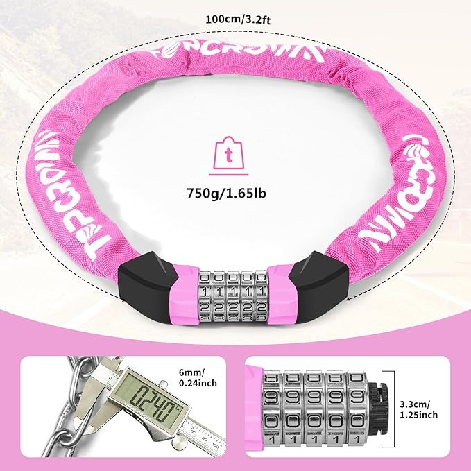 Bike Chain Lock Upgrade Metal Digital Dials 3.2Ft Long High Security Heavy Duty Anti Theft, 5 Digit Combination Keyless Bicycle Lock for Bike/Electric Scooter/Ebike/Motorcycle(Pink)