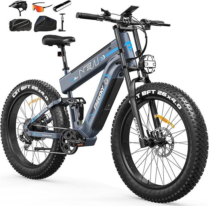 FREESKY Dual Battery Electric Bike for Adults, 48V 41AH 160 Miles Long Range E Bike, 4000W Motor 40MPH+, 26" Fat Tire Fast Mountain EBike, Full Suspension & Hydraulic Brakes, UL 2849 Certified by TÜV