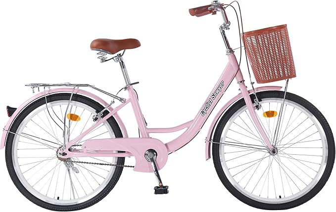 Beach Cruiser Bike for Women, 24 inch Adults Bicycle Single Speed, Bicycle for Women with Basket & Steel Rack, Women's Bike for Commuting, Step Through City Bike for Adults