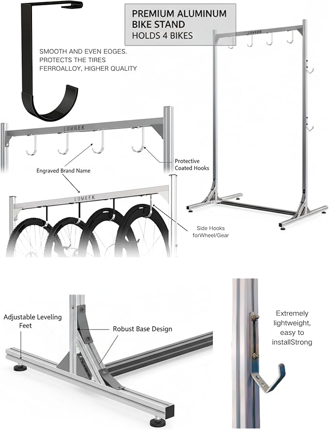 Alumium Alloy Freestanding Bike Rack for 4 Bikes, Vertical Bike Rack with 4 Bike Hooks for Heavy Duty & 2 Hooks for Accessories Tool Room Garage Storage Room Indoor Outdoor
