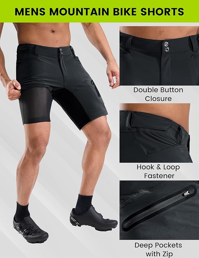 Nepest Mens Mountain Bike Shorts 3D Padded MTB Bicycle Riding Cycling Short Padding Liner Baggy Quick Dry,Zip Pockets