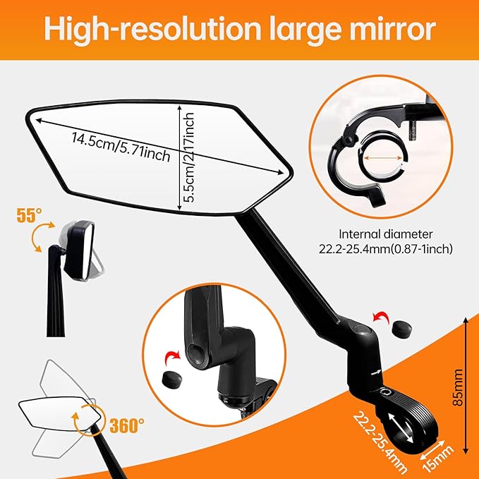 Bike Mirror, New Foldable Bicycle Mirror for Handlebar Mount, Adjustable 360°Rotatable Bicycle Rear View Mirrors for E-bike, Mountain Bike, City Bikes &Scooter (Right 0.87-1")