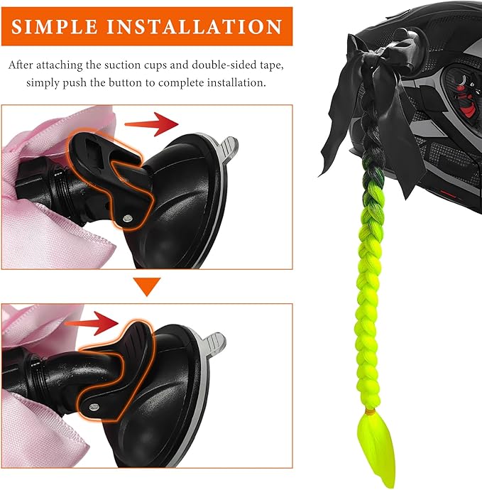 2PCS Helmet Pigtail Braids, Motorcycle Helmet Ponytail with Suction Cup, Bowknot Pigtails for Bicycle Helmet Decoration (Black-Fluorescent Green)