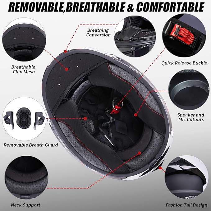 VCOROS Full Face Dual Visor Motorcycle Helmet for Adults Motorbike Street Bike Racing Helmets X9 DOT Approved with Black Visor