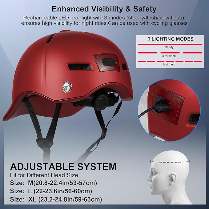 Bike Helmet Adult Men/Women-USB Rechargeable Rear Light CPSC/ASTM Certified 2 Removable Liners Adjustable Lightweight Baseball Cap Style for Youth Road&Mountain Biking Skating Scooter
