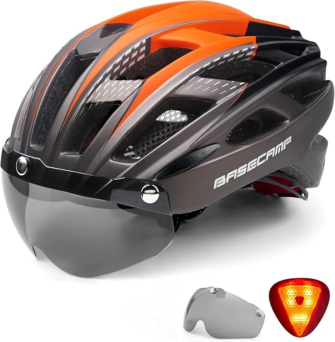 Bike Helmet, Basecamp Bicycle Helmet with Rear Light & Detachable Magnetic Goggles Lightweight Cycling Helmet Adjustable for Adult Men Women Mountain & Road (BC-069)