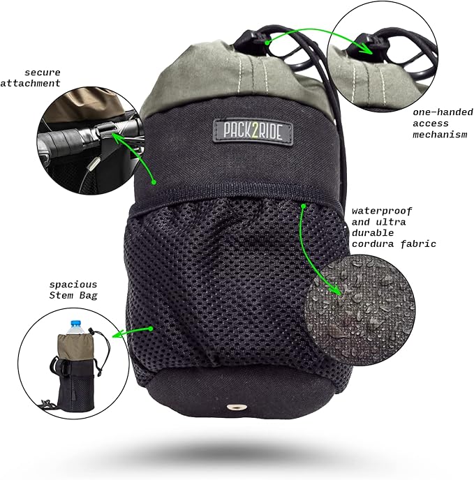Bongo Bike Handlebar Bag - Water Resistant & Durable Fabric Bicycle Water Bottle Holder, Secure Attachment Bikepacking Stem Bag, One-Handed Access Feed Bag, Front Storage for Cycling - Black