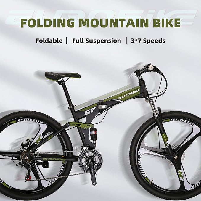 EUROBIKE YH-G7 Folding Mountain Bike 27.5 Inches Wheels 21 Speed Full Suspension Dual Disc Brakes Foldable Frame Bicycle for Men
