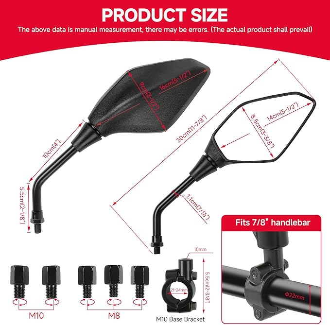 DREAMIZER Motorcycle Rear View Mirror - with M8 M10 Threaded Bolts, 7/8" Handlebar Mirror Mount Compatible with Honda Yamaha Suzuki Kawasaki