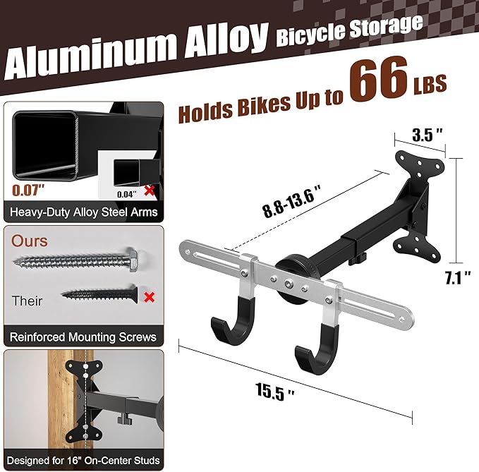 Bike Wall Mount Hanger, 2 Pack Heavy-Duty Durable Storage Garage Hook, Adjustable Indoor Bicycle Hanging Arms Bike Holder Rack, Hold up to 66lbs in Apaterment, Shed