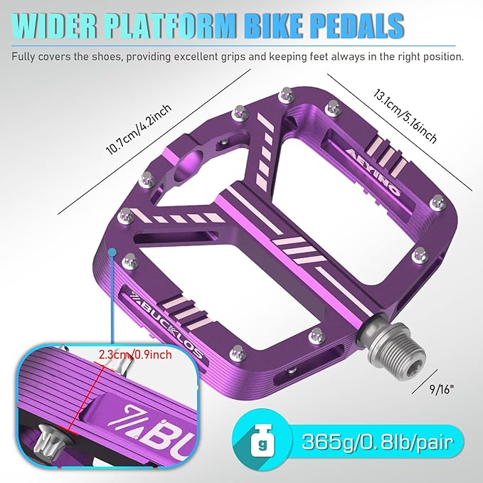 BUCKLOS MTB Flat Pedals Mountain Bike Pedals, 3 Bearings CNC Adult Road Bike Pedals, Bicycle Platform Aluminum Alloy Non-Slip Pedal for Gravel Bike/BMX 9/16"(Black)