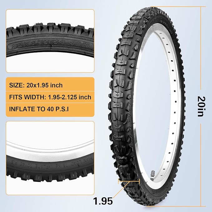 20x1.95/2.125 Road Bike Tire Set, 20 Inch 53-406/57-406 Folding Replacement Cruiser Bicycle Tire and Tube Combo with Levers, Puncture-Resistant 20" Premium Butyl Rubber Tires for BMX MTB Off-Road Bike