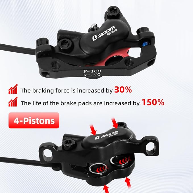 Z00M HB876E 2-PIN 4-Pistons E-Bike Electric Power-Off Hydraulic Brake Set, Pre-Bled with Mineral Oil Brakes Kit for eBike, Mountain Bike, Road Bike