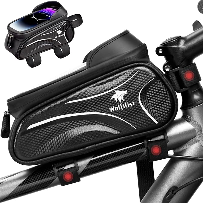 Bike Bag - Waterproof Bike Frame Bag with Sun-Visor Rain Cover, Bike Phone Holder with TPU Sensitive Touch Screen, Handlebar Bag Bicycle Accessories, Large Capacity Suitable Phone Under 7"