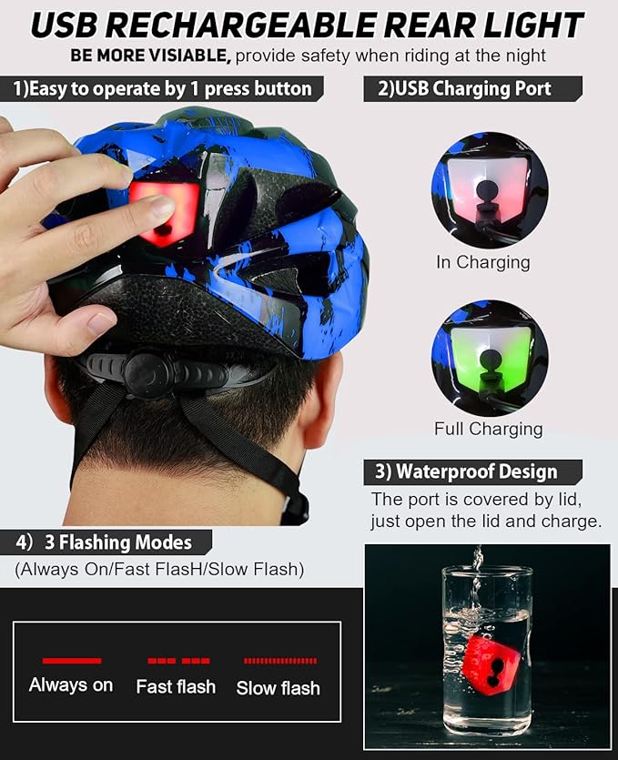 Bike Helmet with USB Rechargeable LED Light Detachable Goggles and Sun Visor, Mountain & Road Bicycle Helmets for Men Women Adult Cycling Helmets