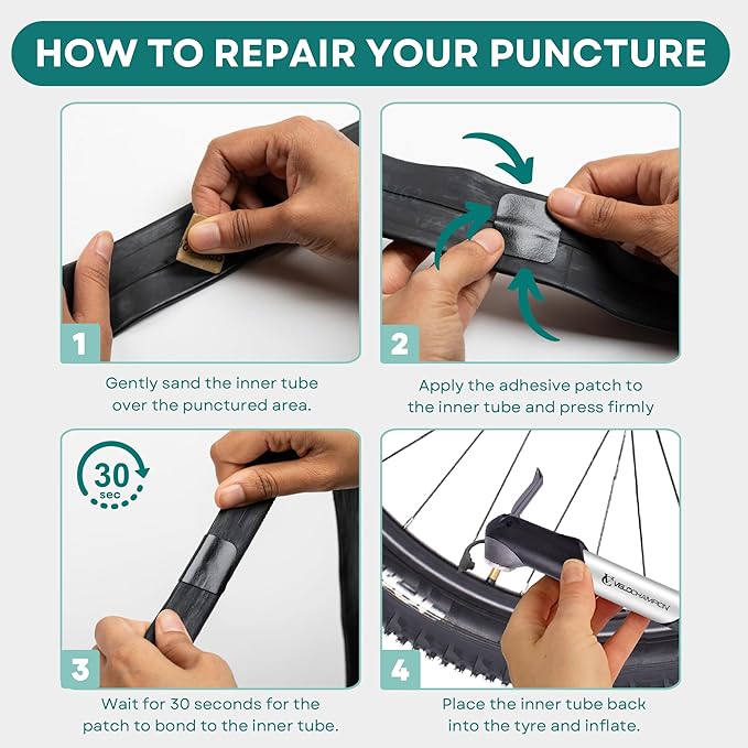 VeloChampion Puncture Repair Kit | Self-Adhesive Bike Tyre Patches for Road, MTB, BMX, Ebike| Travel Size Bicycle Puncture Repair Kit | 6, 10 or 40 Pack + Optional Tyre Levers