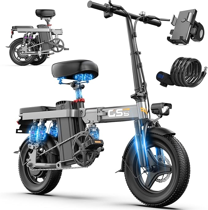 Heavy-Duty Foldable Electric Bike for Adults with 7 Shock Suspension, 500+ lbs Capacity, 740W Motor, 25MPH, 720Wh Battery, 20-Mile Range, 14“ Fat Tires Commuter Bicycle for Road & Mountain Riding