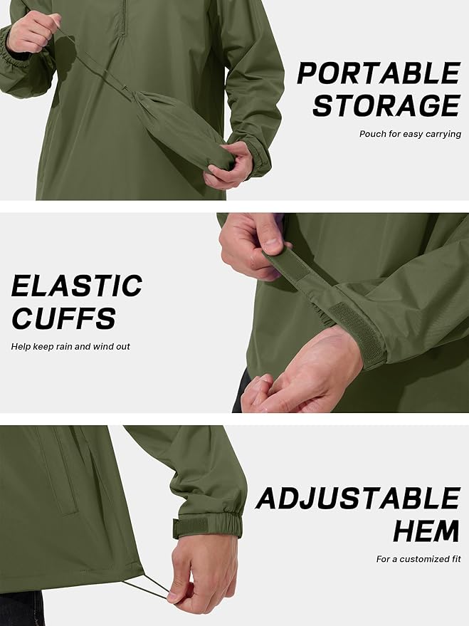 Men's Pullover Rain Jacket Waterproof Windbreaker Lightweight Packable Raincoat for Cycling Running Hiking Golf