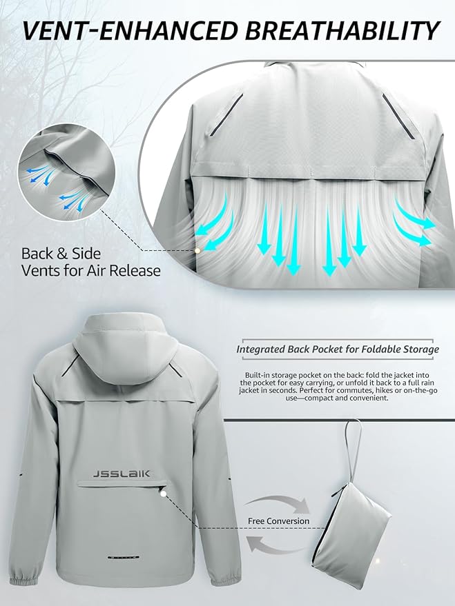 Men's Rain Jacket Waterproof Windproof Breathable for Hiking Cycling Commuting with Hood & Pockets